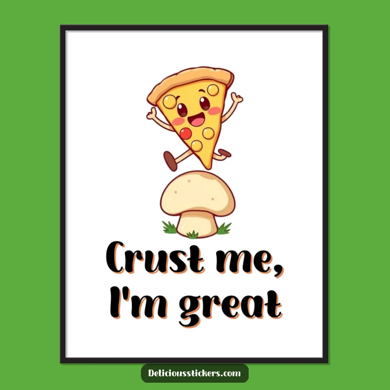 Funny Pizza Leap Poster: Cheerful Slice Jumps Over Mushroom, Epic Wall Art!