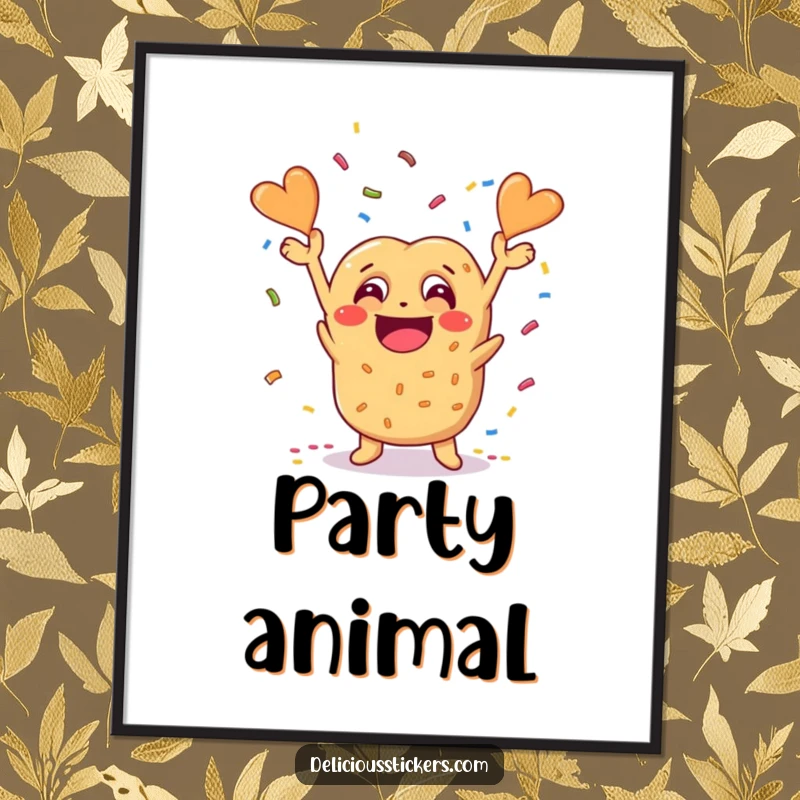 Funny pretzel character with a big grin throwing confetti, a vibrant poster celebrating with a humorous, cheesy vibe.