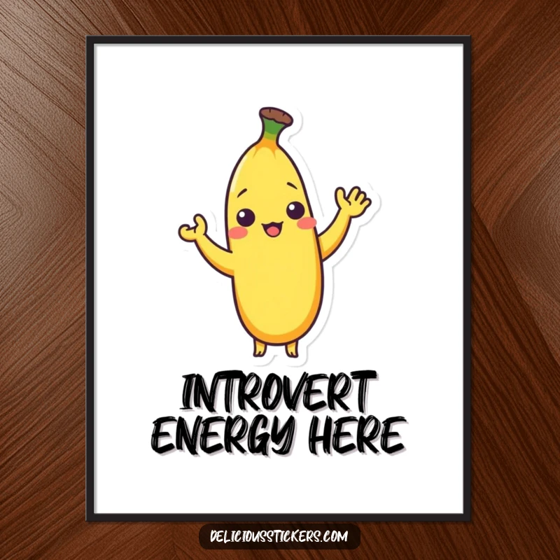 Funny poster print of a shy banana character giving a small, friendly wave, perfect for gentle decor.