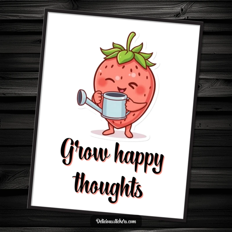 Funny poster with a giggling strawberry character holding a tiny watering can, giving a mischievous wink.