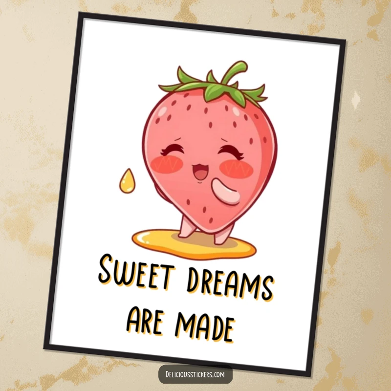 Funny Poster: A blushing strawberry character reaching for a syrup drop, illustrating a sweet pursuit with cartoon charm.