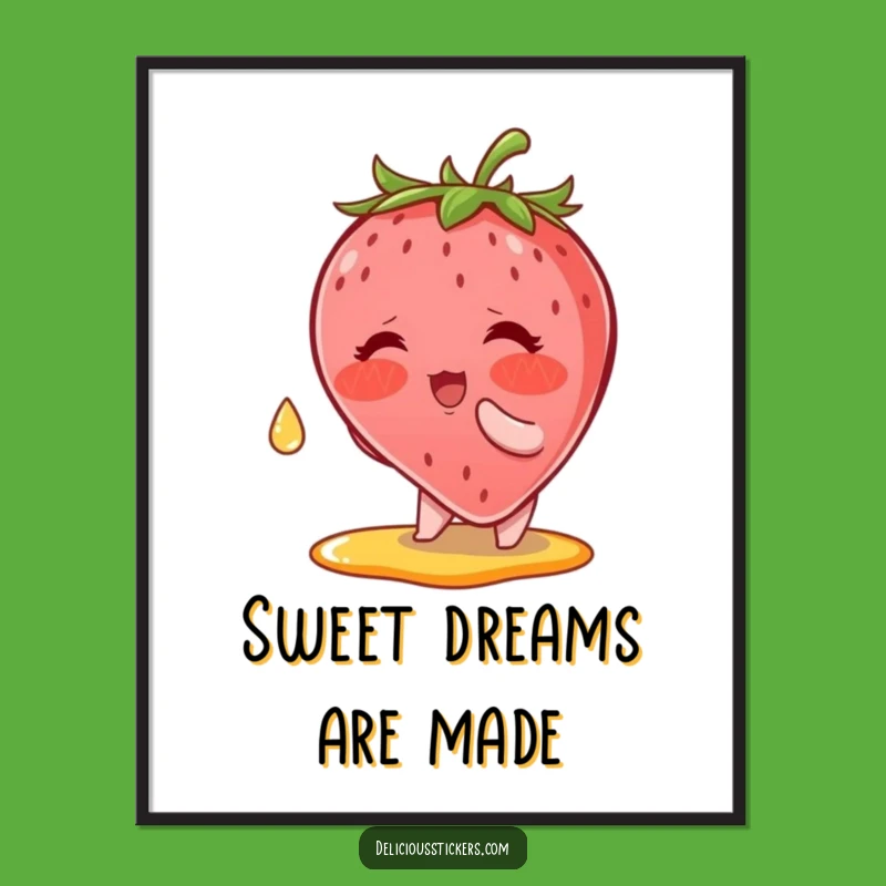 Funny Strawberry Syrup Poster: Blushing Berry Catches Drop, Whimsical Art!