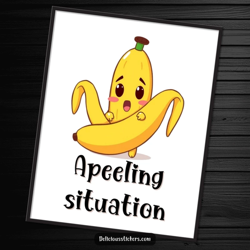 Funny poster print of a surprised banana character peeking from a giant peel, adding a whimsical touch to decor.