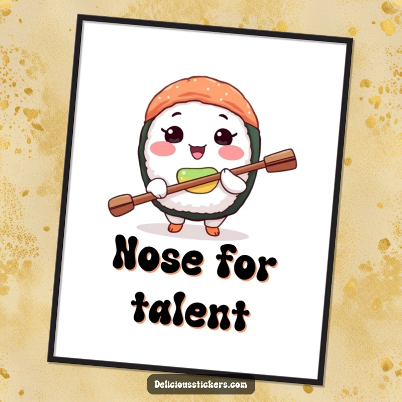 Funny sushi art poster showing a joyful sushi character perfectly balancing a tiny paddle on its nose, symbolizing skill.