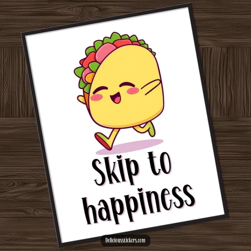 Funny poster showcasing a happy taco character doing a funny sideways skip with eyes closed, radiating pure food-based joy.