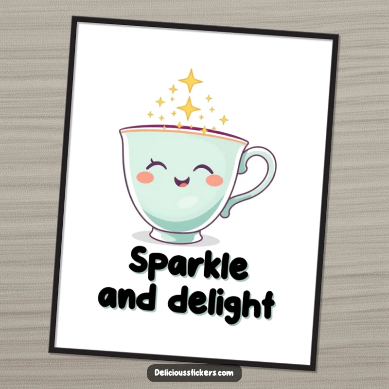 Funny Teacup Poster showcasing a winking teacup character pouring a cascade of sparkles, enchanting wall art.
