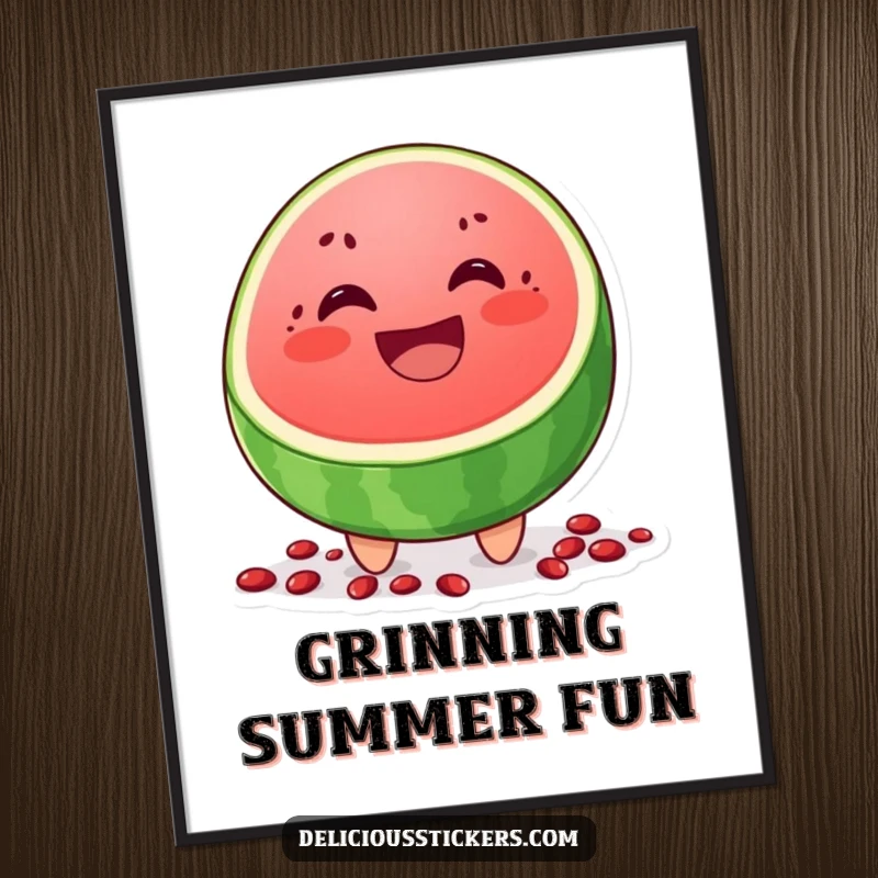 Funny poster print of a cheerful watermelon slice character grinning, with seeds scattered below, adding summer vibes to decor.