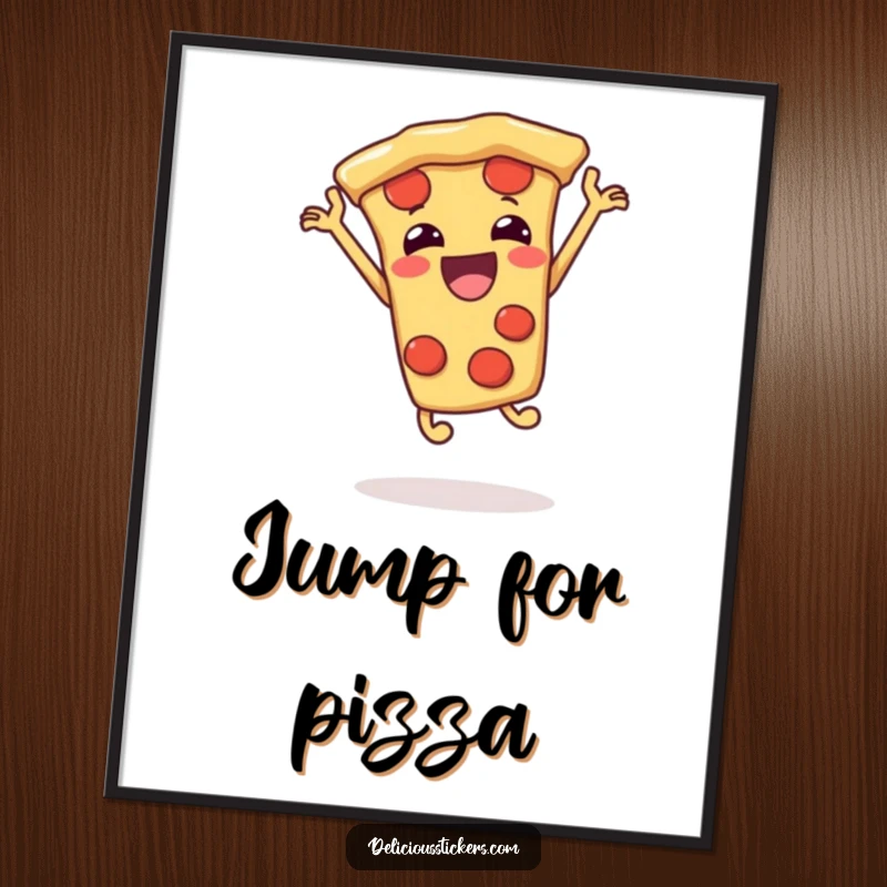 Funny pizza slice jumping poster, cartoon art celebrating joy, a humorous and energetic wall decor piece.