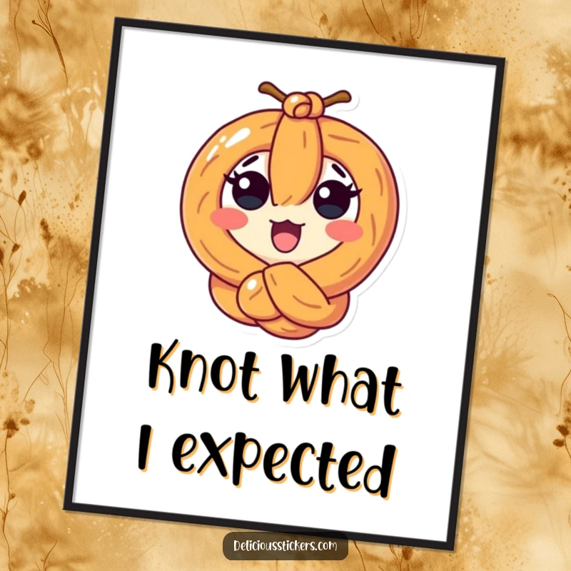 Funny surprised pretzel character tied in a knot, displayed as humorous and relatable wall art for snack lovers.