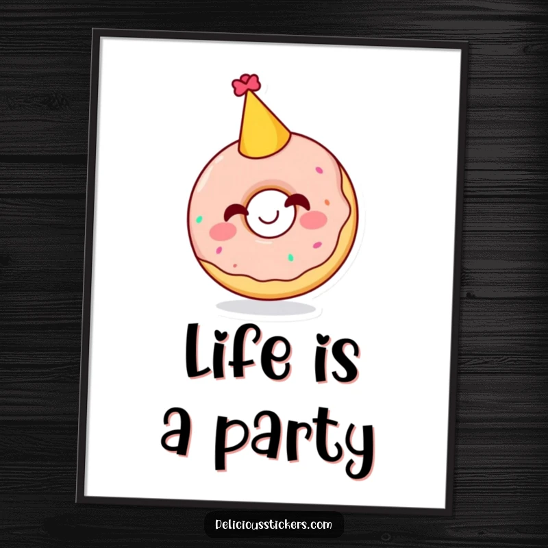 Funny poster of a delighted doughnut character in a party hat, captured mid-giggle, bringing a festive and sugary mood to the space.