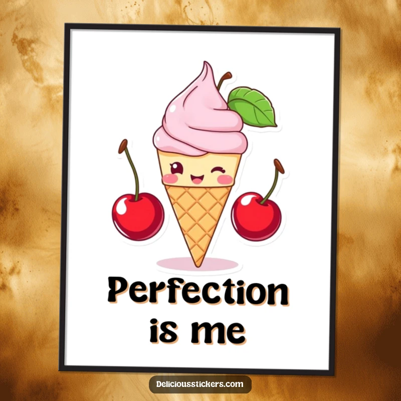 Funny winking ice cream cone balancing cherries, this poster adds whimsical dessert humor, a great funny gift.