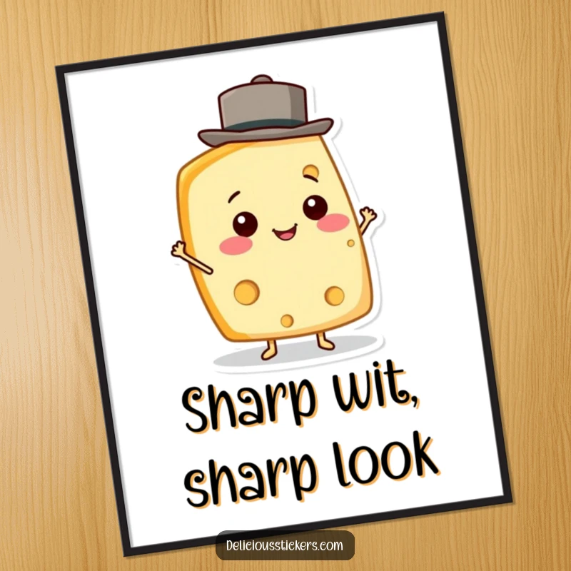Funny Cheese Wedge Poster showcasing a smiling cheese character balancing a tiny hat, adding a cheerful artistic touch.