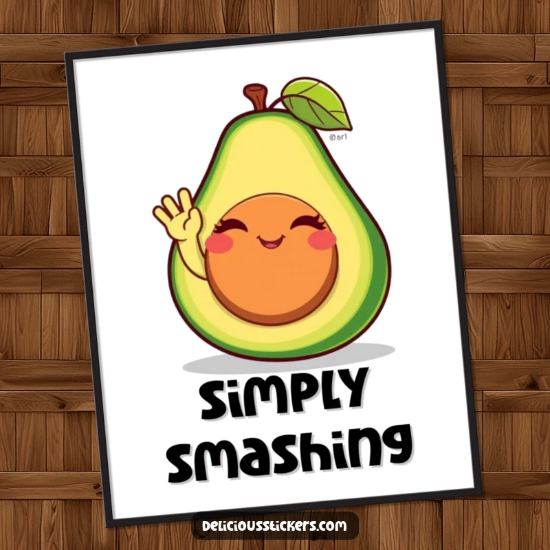 Funny avocado poster depicting the winking character waving from its pit, bringing a healthy dose of humor to walls.