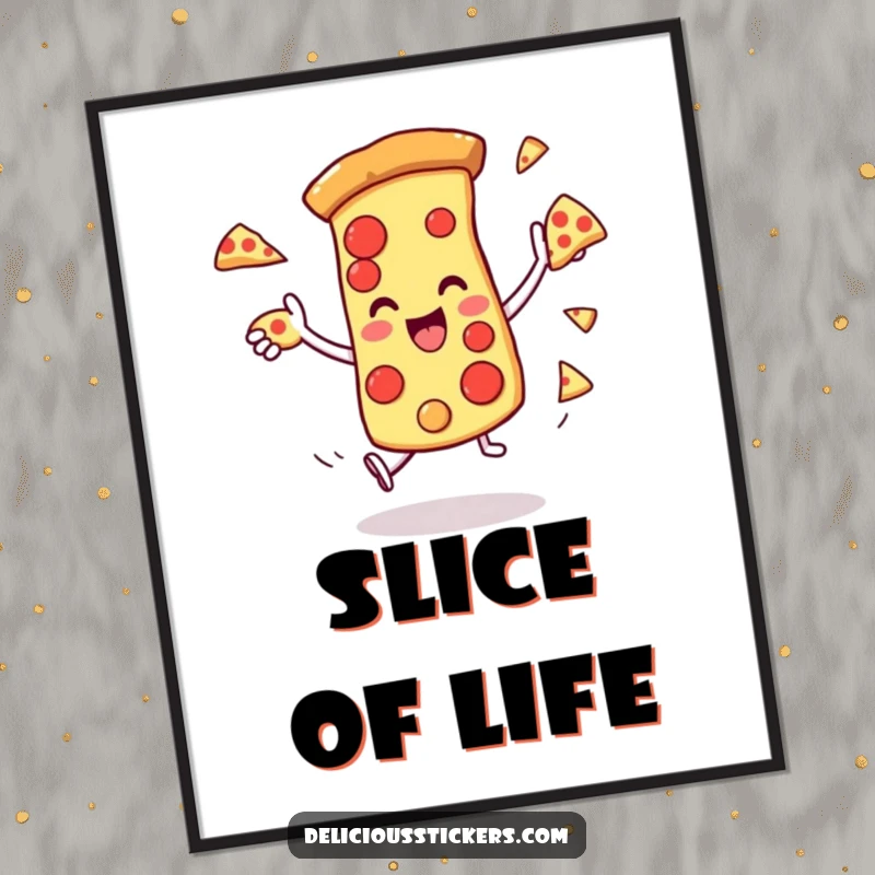 Funny poster of a pizza slice character juggling pieces of itself, adding a touch of playful chaos to wall decor.