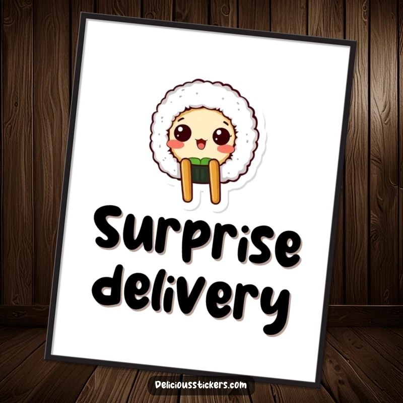 Funny poster depicting a shocked sushi roll character peeking out from a chopstick holder, adding humor to decor.