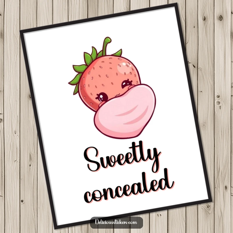 Funny shy strawberry poster, shyly peeking from behind a giant candy, creating a scene of sweet, bashful delight.
