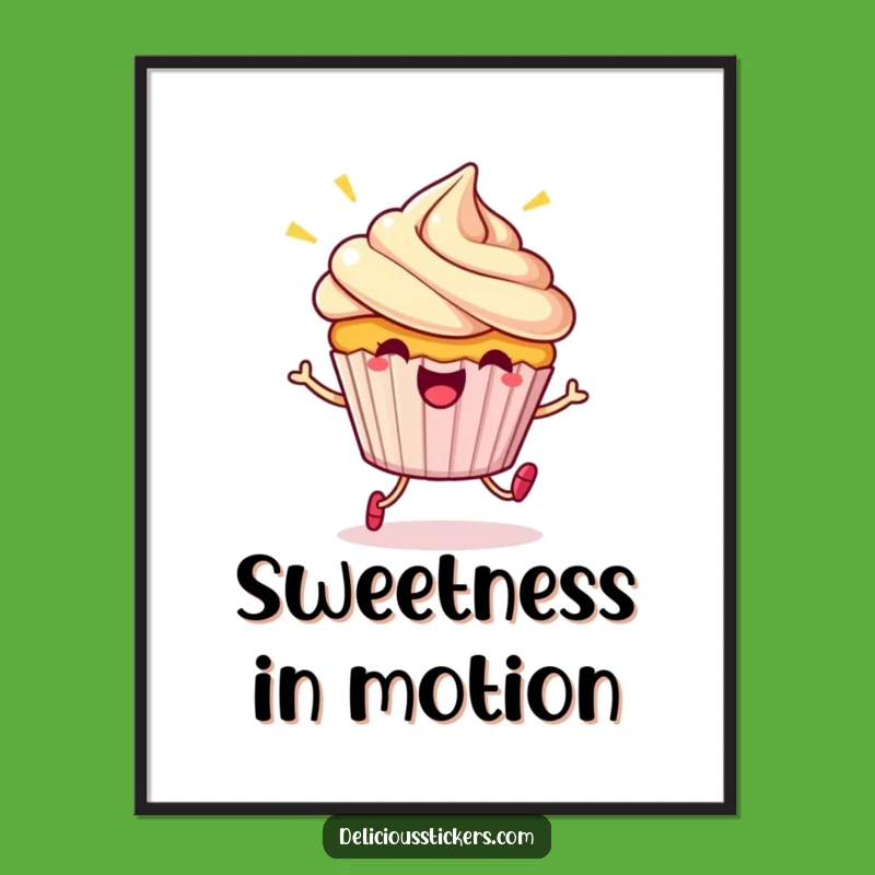 Funny Cupcake Hop Poster: Beaming Character Jumps, Cheerful Wall Art!
