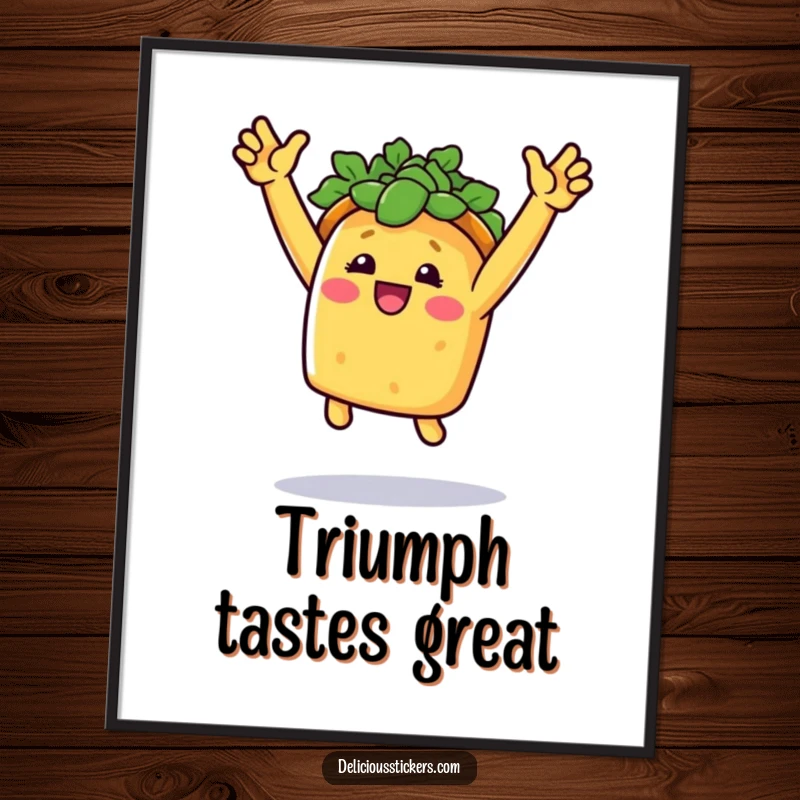 Funny taco joy poster showing a smiling taco doing a triumphant jump with arms raised, symbolizing celebration.