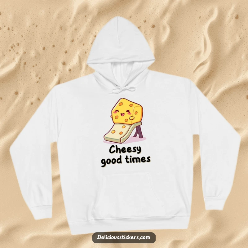 Funny winking cheese hoodie, a slice of cheese slides down a slide with a cheeky wink, perfect for cozy, fun days.