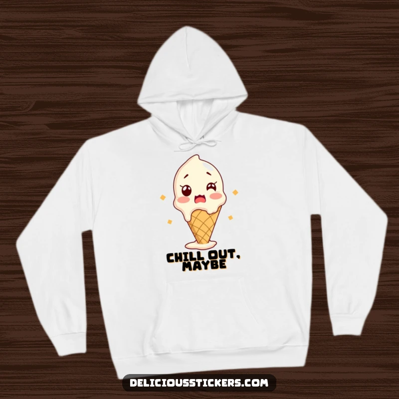 Funny hoodie featuring a shocked, melting ice cream cone, offering warmth, comfort, and a deliciously humorous vibe.