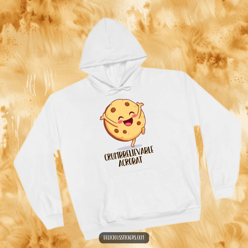 Funny cookie hoodie character doing a cartwheel with a smile, designed for ultimate comfort and spreading cheerful, humorous vibes.