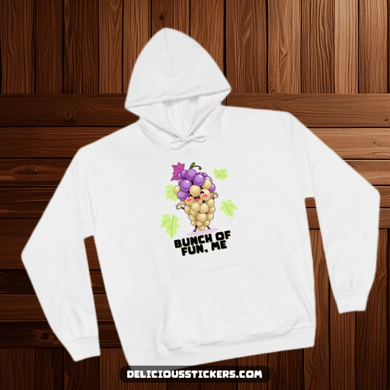 Funny grape bunch hoodie character dancing playfully, designed for ultimate comfort and spreading cheerful, humorous vibes.