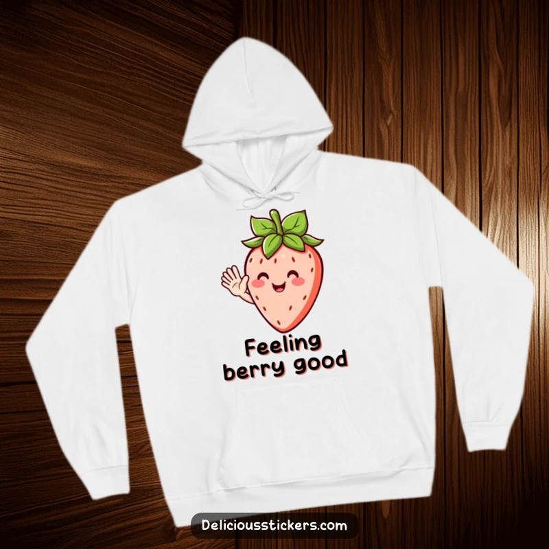 Funny hoodie featuring a happy strawberry character with leafy hair, merrily waving hello, perfect for staying warm and cheerful.