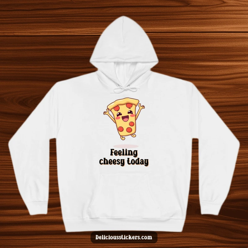 Funny pizza slice hoodie, jumping with delight, a cozy cartoon character for a humorous apparel gift.