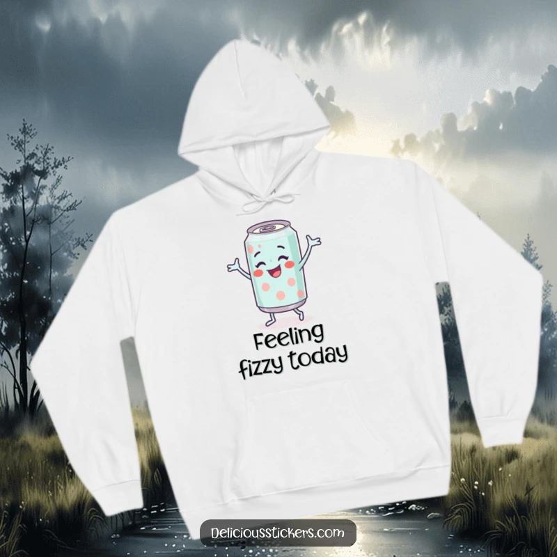 Funny Soda Can Hoodie with a cheerful soda can character doing a happy dance, soft and full of energy.