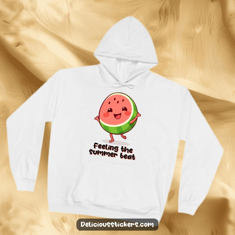 Funny grinning watermelon slice hoodie, the fruit is shown dancing with a joyful expression, perfect for cozy, fun days.
