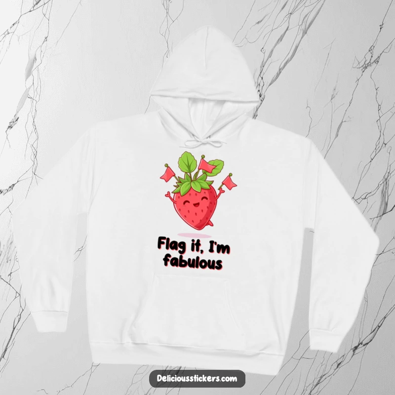 Funny hoodie illustrating a joyful strawberry character skillfully juggling its green leaves like miniature, spirited flags, perfect for cozy, lighthearted moments.