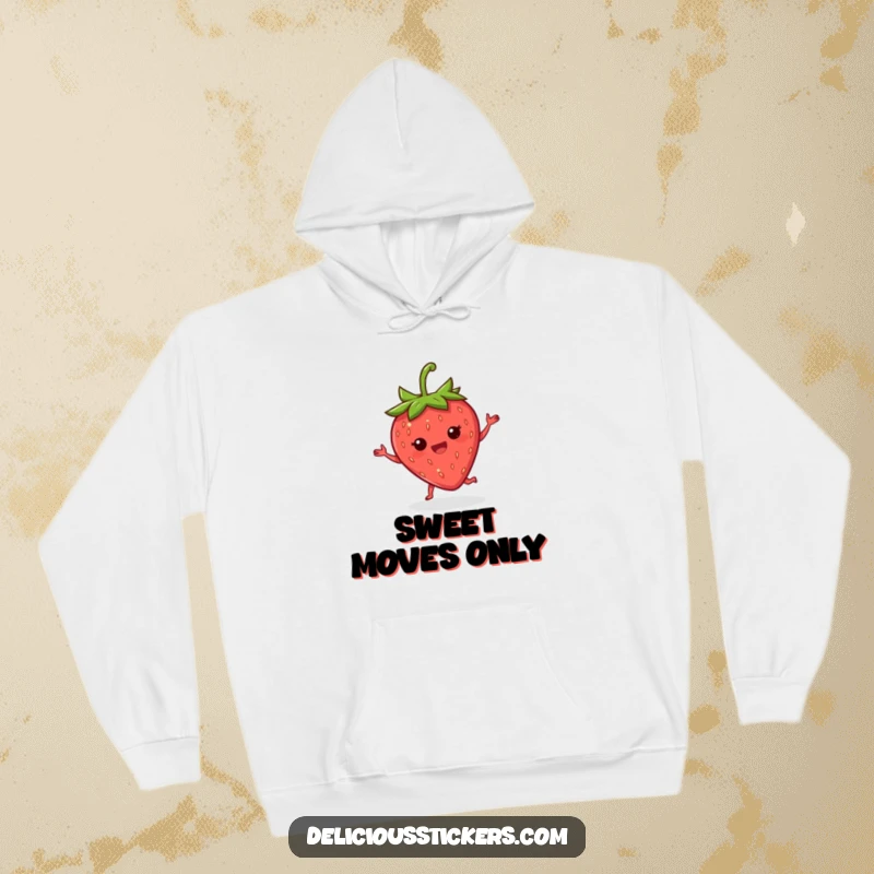 Funny berry bounce hoodie showing a delighted strawberry doing a happy little jig with its leaves, full of zest.