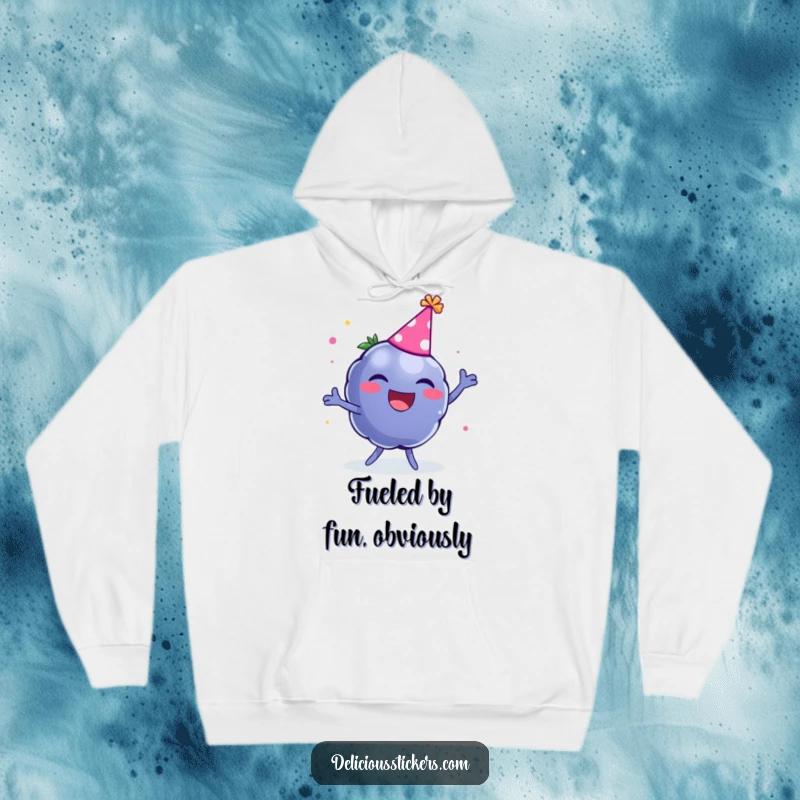 Funny hoodie featuring a laughing blueberry wearing a party hat and dancing, radiating happiness.