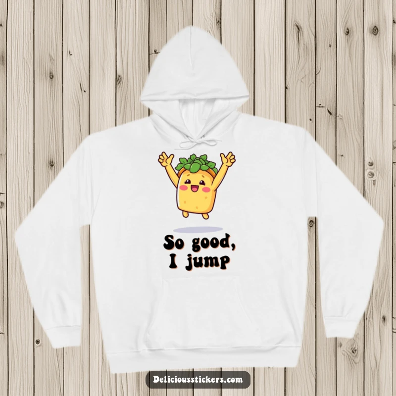 Funny fiesta taco hoodie showing a smiling taco doing a triumphant jump with arms raised, full of festive spirit.
