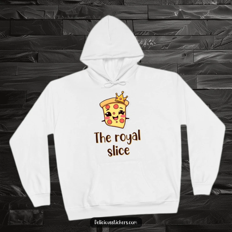 Funny Hoodie showcasing a grinning pizza slice character wearing a tiny crown, perfect for staying warm and stylishly cheesy.