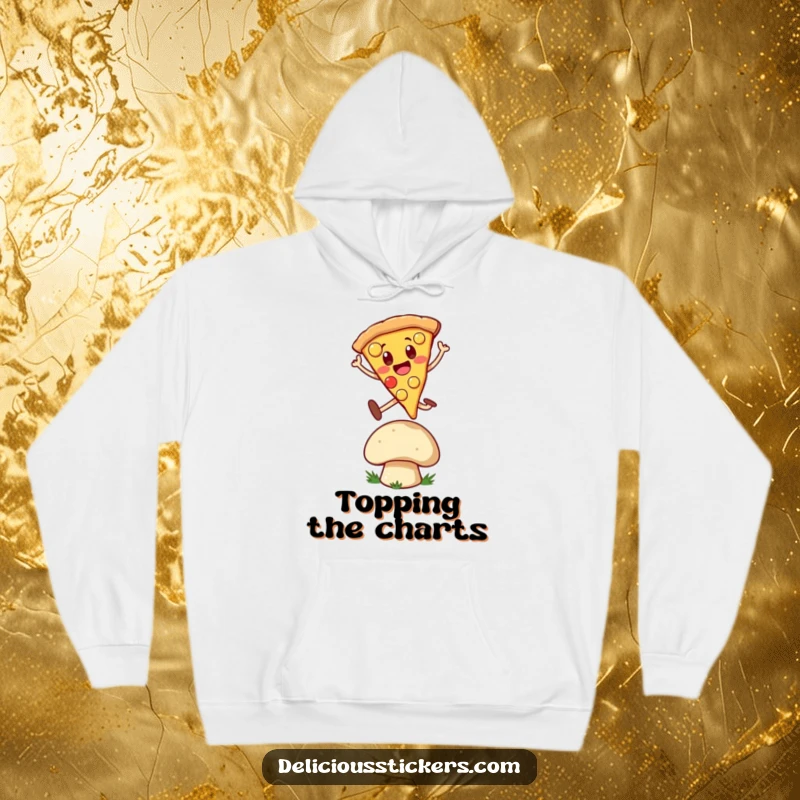 Funny Hoodie: A happy pizza slice character executing a daring jump over a mushroom, radiating cartoonish excitement and warmth.