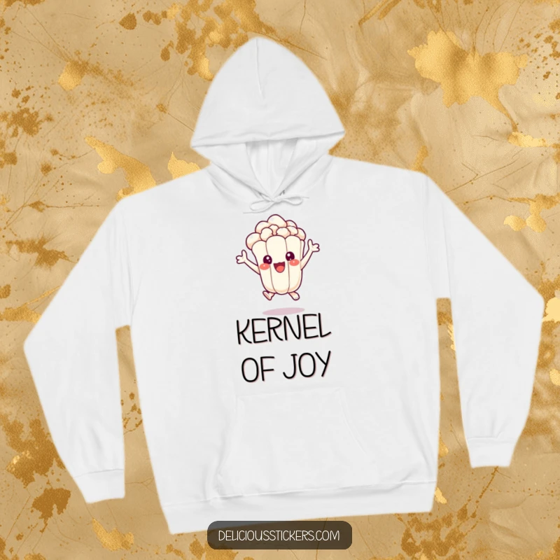 Funny hoodie with an ecstatic popcorn kernel character mid-jump, radiating excitement and happiness, a cozy treat for fans.