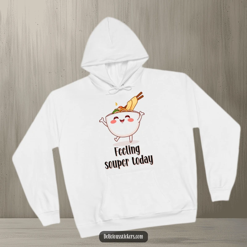 Funny ramen bowl hoodie dancing joyfully, a cartoon noodle character spreading cheer, great for a cozy funny gift.