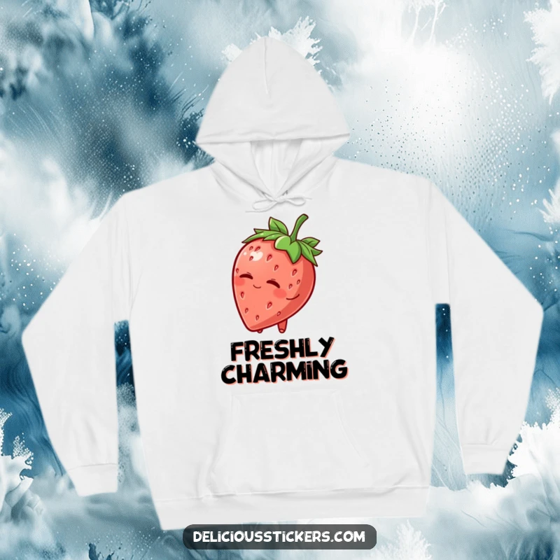Funny Hoodie: A charming strawberry character tipping its leafy hat and winking, offering cozy warmth and a sweet sense of humor.