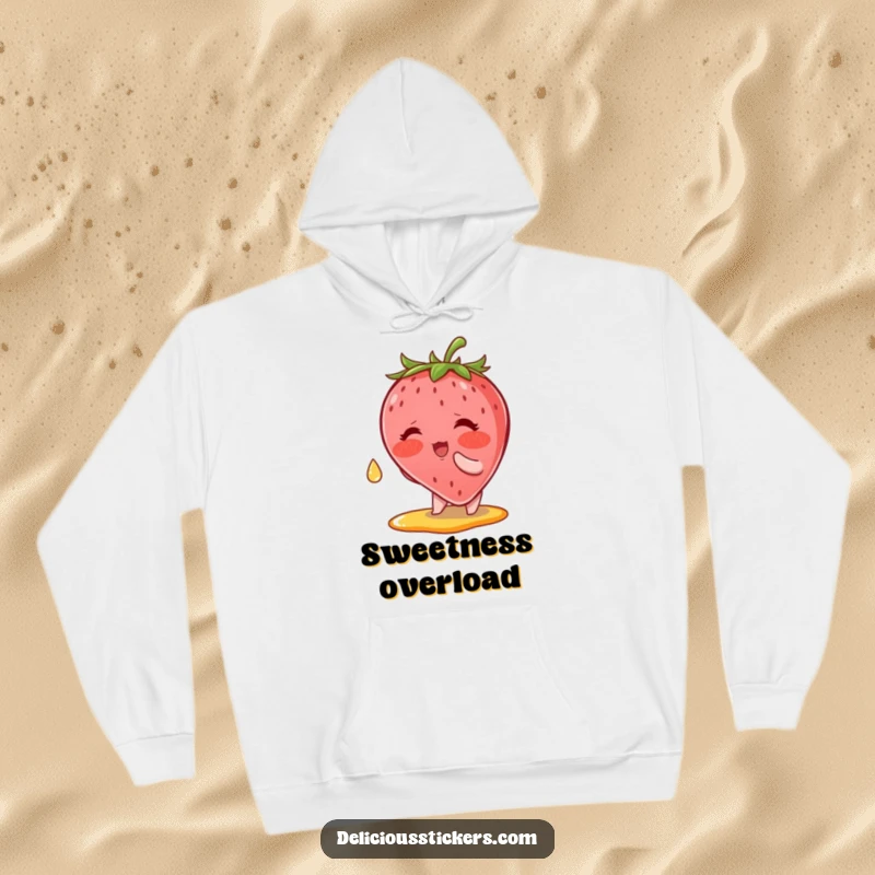 Funny Hoodie: A blushing strawberry character reaching for a syrupy drop, embodying cute charm and cozy vibes.
