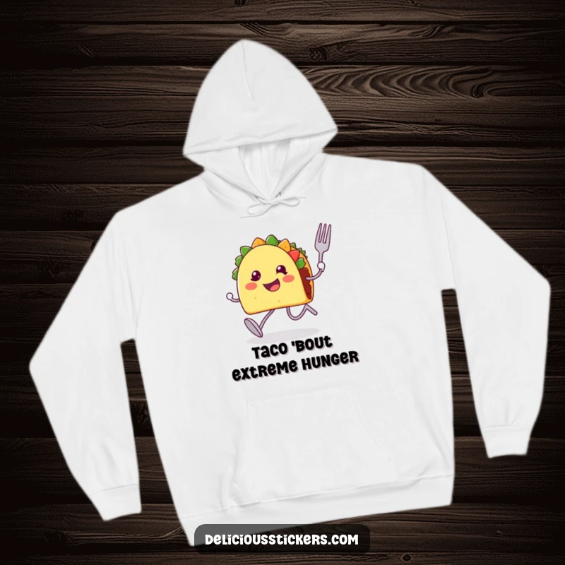 Funny hoodie depicting a happy taco character with legs, fork, and spoon, running at high speed.