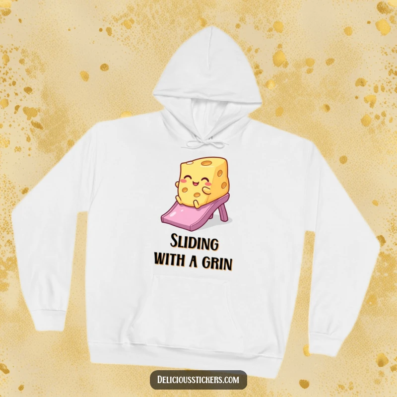 Funny winking cheese hoodie, captured mid-slide with a cheeky wink, providing warmth and heaps of humorous delight.