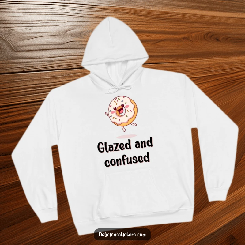 Funny donut hoodie with sprinkles doing a cartwheel, a cozy cartoon character for a humorous apparel gift.