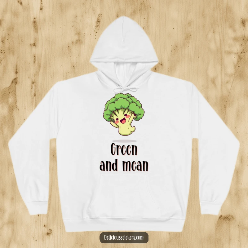 Funny Hoodie: A playful broccoli floret character doing a somersault, radiating cartoon fun and cozy energy.