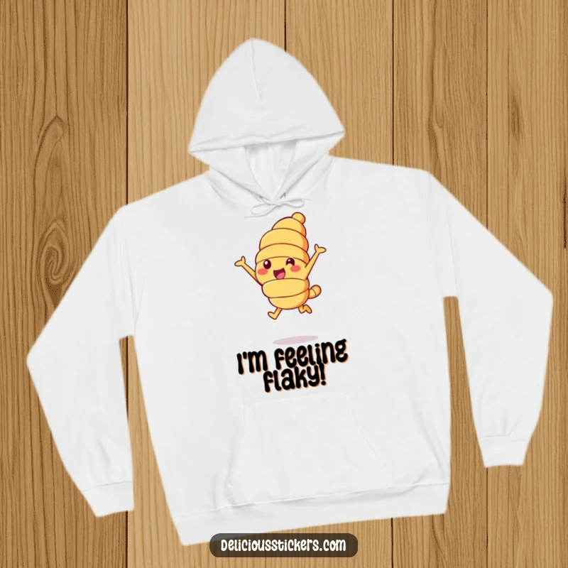 Funny croissant leap hoodie, a cheerful croissant character leaping into the air, comfortable and joyful.