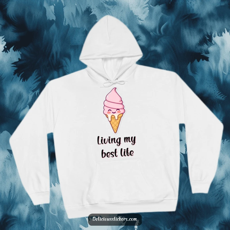 Funny melting ice cream cone hoodie character in a joyful, melty state, offering cozy warmth and sweet, humorous vibes.