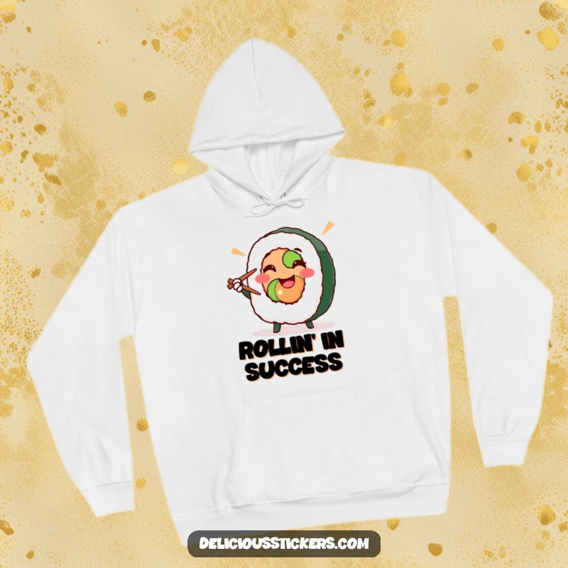 Funny sushi roll striking a victory pose with chopsticks, this cozy hoodie brings foodie humor and comfort, a great funny gift.