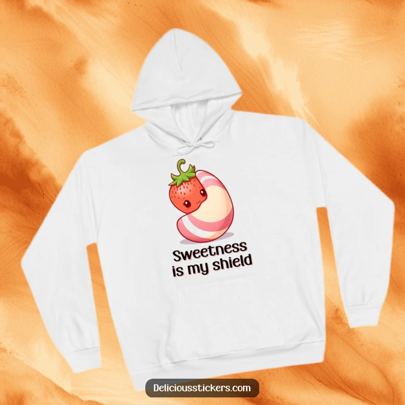 Funny shy strawberry hoodie, a strawberry peeks from behind a large candy, offering a cozy and timid design.