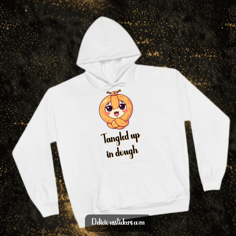 Funny surprised pretzel character tied in a knot on a cozy hoodie, perfect for humorous relaxation.