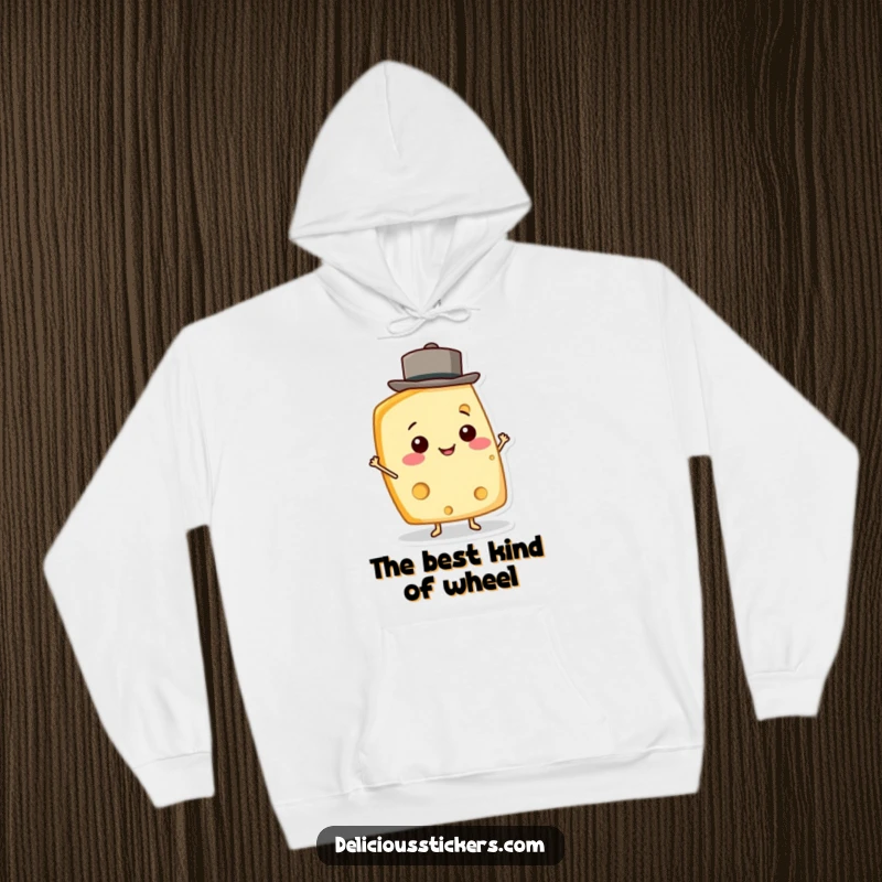 Funny Cheese Wedge Hoodie printed with a happy cheese character balancing a small hat, perfect for cozy humor.